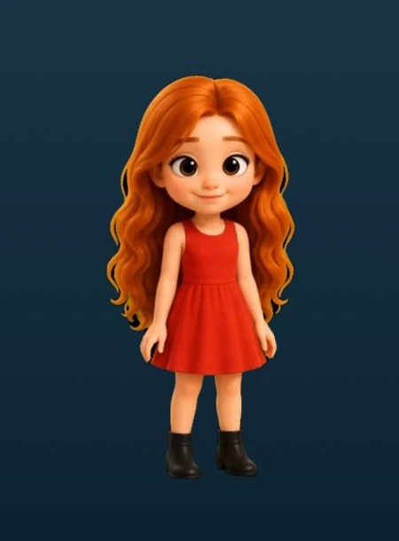 Gabi, personagem 3D ruiva de vestido vermelho, recortada da tela oficial do aplicativo