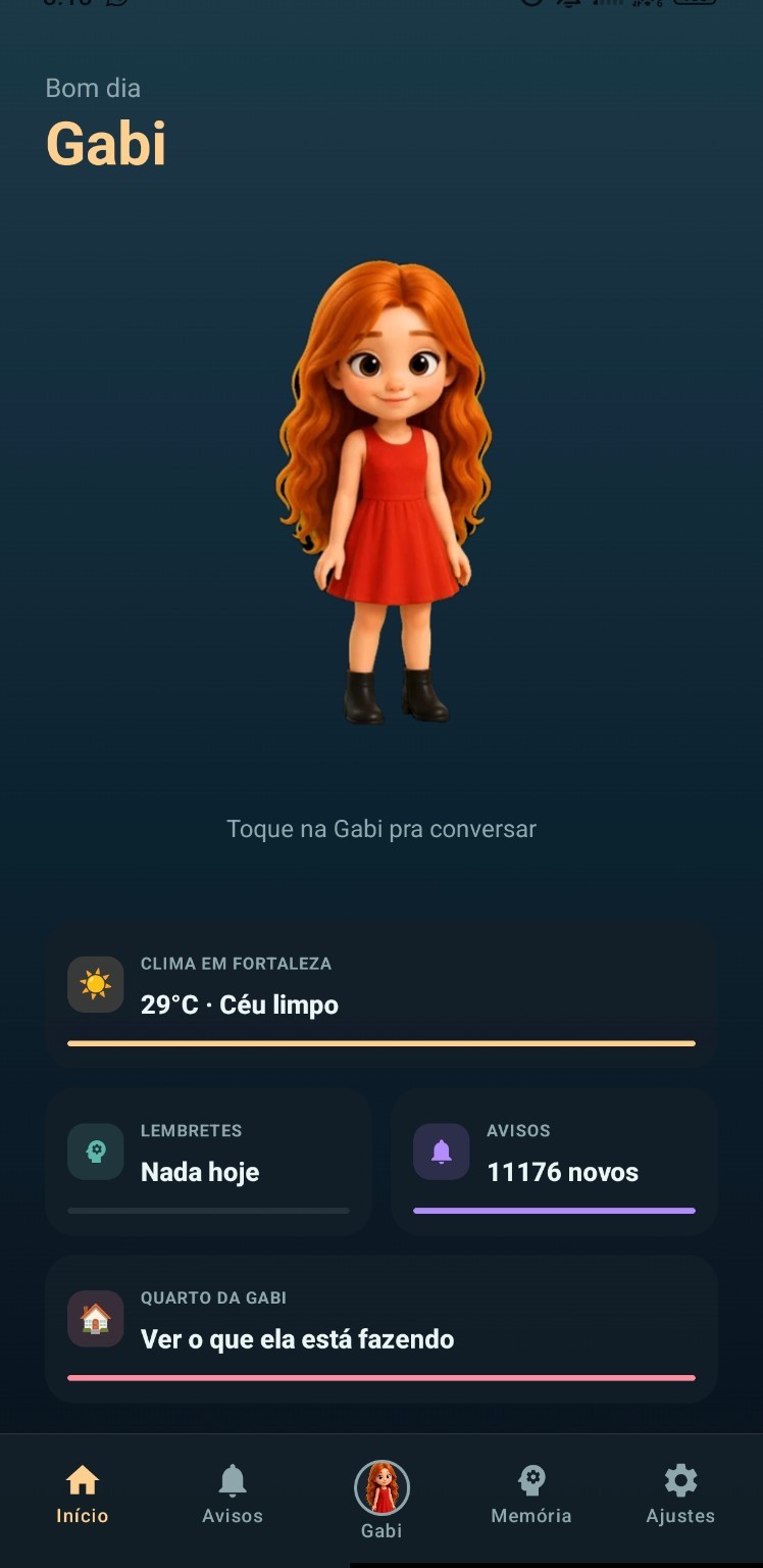 Tela inicial do aplicativo Gabi no Android: saudação, avatar 3D, clima, lembretes, avisos, quarto da Gabi e barra de navegação